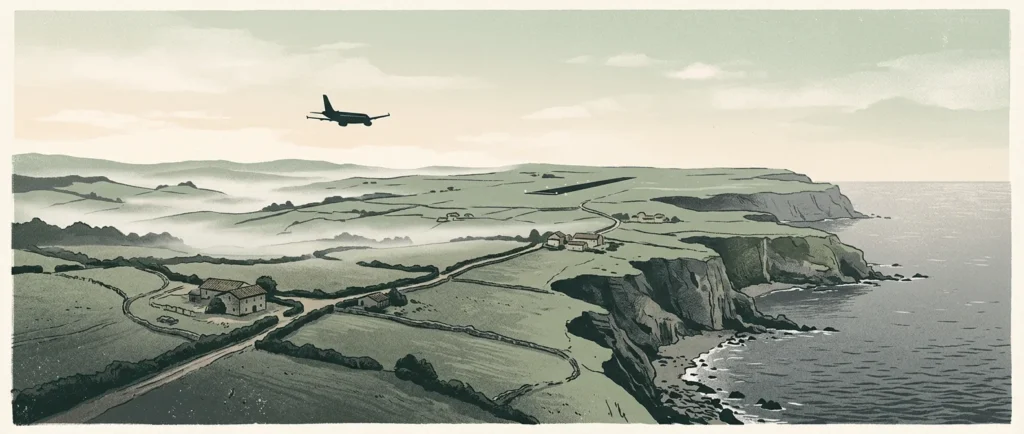 Ilustración de la rasa costera con caseríos, prados cercados y la pista del Aeropuerto de Asturias al fondo, con un avión sobrevolando la zona.